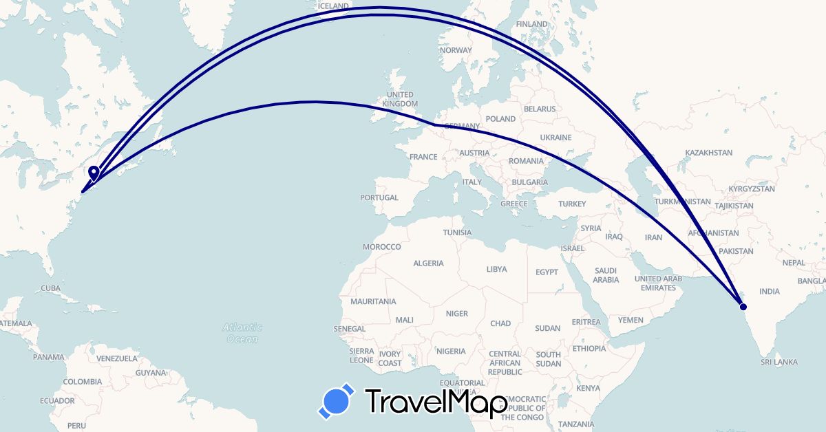 TravelMap itinerary: driving in Belgium, India, United States (Asia, Europe, North America)